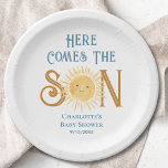 Here Come The Son Sunshine Baby Shower<br><div class="desc">These baby shower paper plates feature the text "Here Comes The Son" in blue retro typography with a cute yellow watercolor sun.
Easily customisable.
Because we create our artwork you won't find this exact image from other designers.
Original Watercolor © Michele Davies.</div>