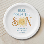 Here Come The Son Sunshine Baby Shower  Paper Plate<br><div class="desc">These baby shower paper plates feature the text "Here Comes The Son" in blue retro typography with a cute yellow watercolor sun.
Easily customisable.
Because we create our artwork you won't find this exact image from other designers.
Original Watercolor © Michele Davies.</div>