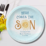 Here Come The Son Sunshine Baby Shower  Paper Plate<br><div class="desc">These cute boy's baby shower paper plates feature the text "Here Comes The Son" in retro typography with a smiling yellow watercolor sun and blue sky.
Easily customisable.
Because we create our artwork you won't find this exact image from other designers.
Original Watercolor © Michele Davies.</div>