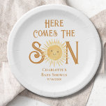 Here Come The Son Sunshine Boy's Baby Shower  Paper Plate<br><div class="desc">These boy's baby shower paper plates feature the text "Here Comes The Son" in stylish typography with a cute yellow watercolor smiling sun.
Easily customisable.
Because we create our artwork you won't find this exact image from other designers.
Original Watercolor © Michele Davies.</div>