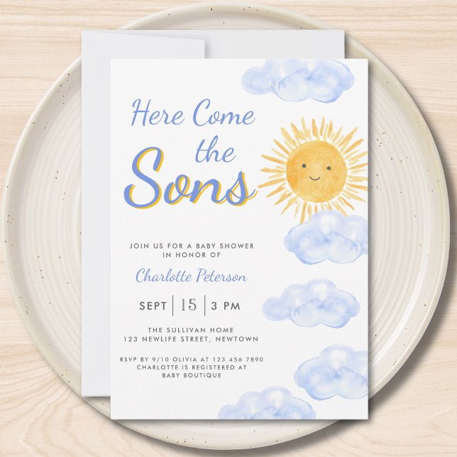 Here Come The Sons Twin Boys Baby Shower Invitation (Creator Uploaded)