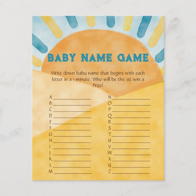 Here Comes Blue Ray Sunshine Baby Shower Name Game (Front)