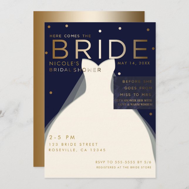 Here comes BRIDE Navy Blue & Gold Bridal Shower Invitation (Front/Back)
