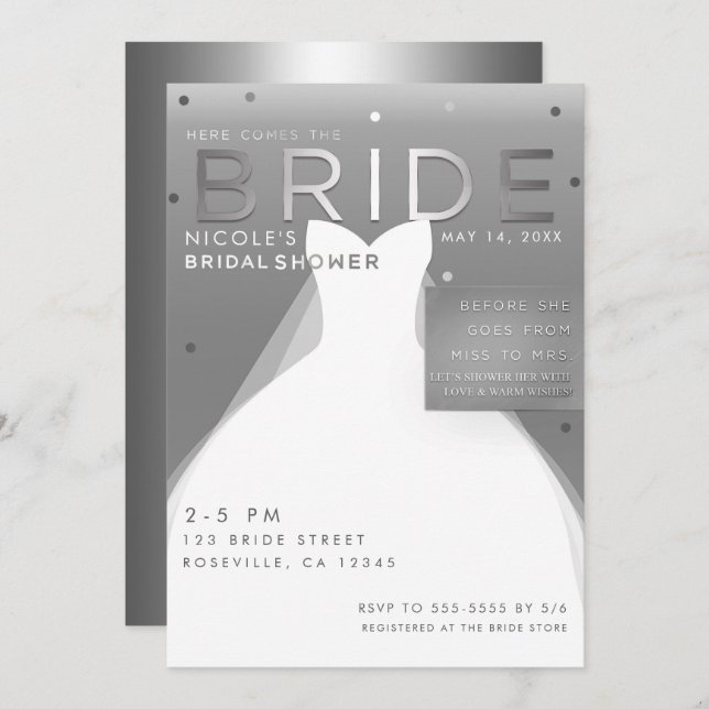 Here comes BRIDE Silver & White Chic Bridal Shower Invitation (Front/Back)