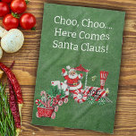 Here Comes Santa on Candy Christmas Train Green Tea Towel<br><div class="desc">This kitchen hand towel is dark green with Santa Claus riding a red and white Christmas train with peppermint candy wheels carrying candy canes and letters to Santa.  Customise the choo,  choo...  Here Comes Santa Claus text with the template.</div>