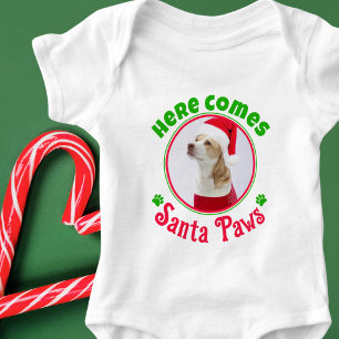 Here Comes Santa Paws Christmas Dog Photo Red Gree Baby Bodysuit