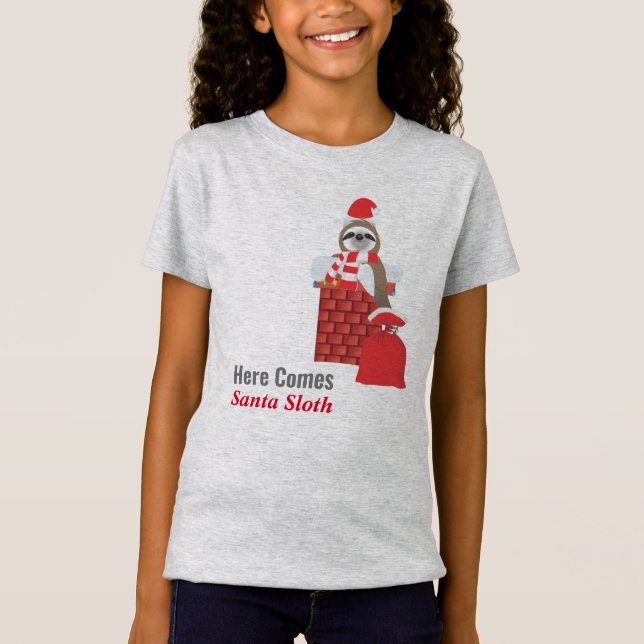 Here Comes Santa Sloth in Chimney with Presents T-Shirt (Front)