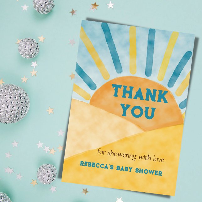 Here Comes Son Blue Rays Sunshine Baby Shower Thank You Card (Creator Uploaded)