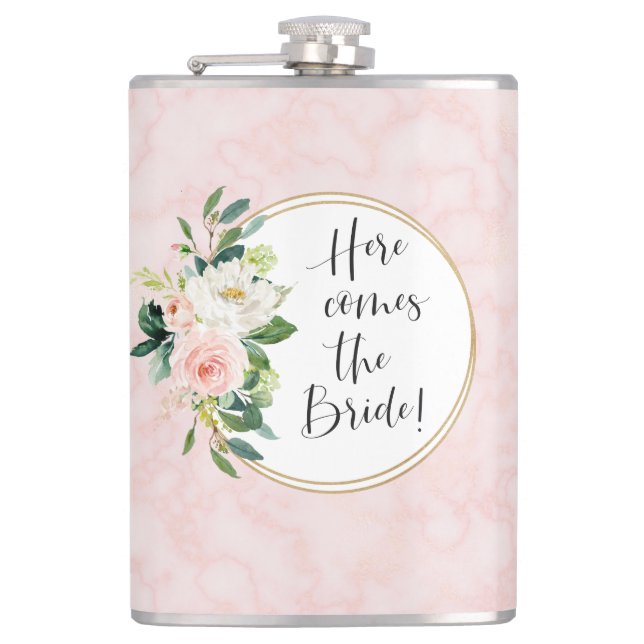 Here Comes the Bride Blush Pink Floral Hip Flask (Front)