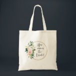 Here Comes the Bride Blush Pink Floral Tote Bag<br><div class="desc">A fun feminine tote for the bride-to-be,  this design features a double ring circular frame embellished with a pastel blush pink floral bouquet and "Here comes the bride" text. With all the errands you will be running to coordinate your wedding,  this tote will surely come in handy.</div>