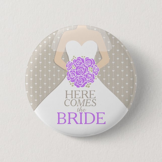Here comes the bride rehearsal wedding pin button (Front)