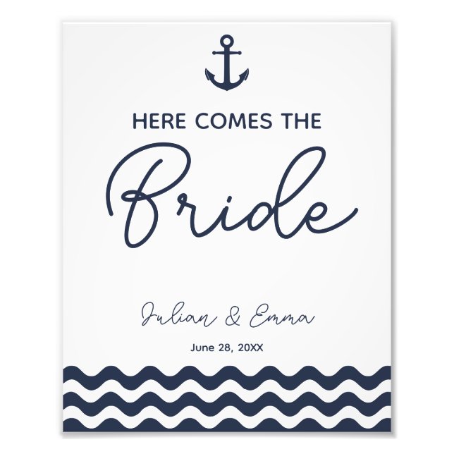 here comes the bride wedding sign navy blue (Front)