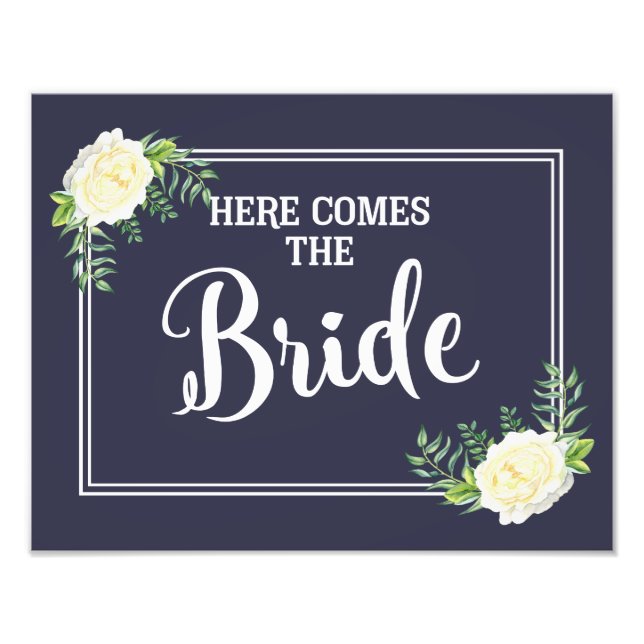 here comes the bride wedding sign Navy Ivory Rose (Front)