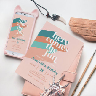 Here Comes the Fun Retro Boho 30th Birthday Party Invitation