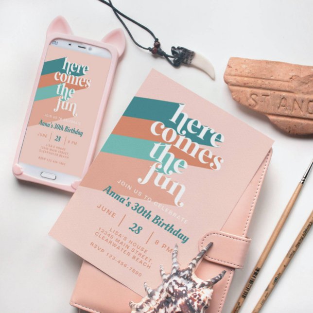 Here Comes the Fun Retro Boho 30th Birthday Party Invitation (Creator Uploaded)