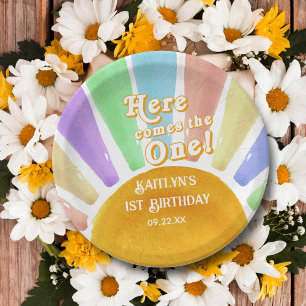 Here Comes The One! Retro Boho Sun 1st Birthday Paper Plate
