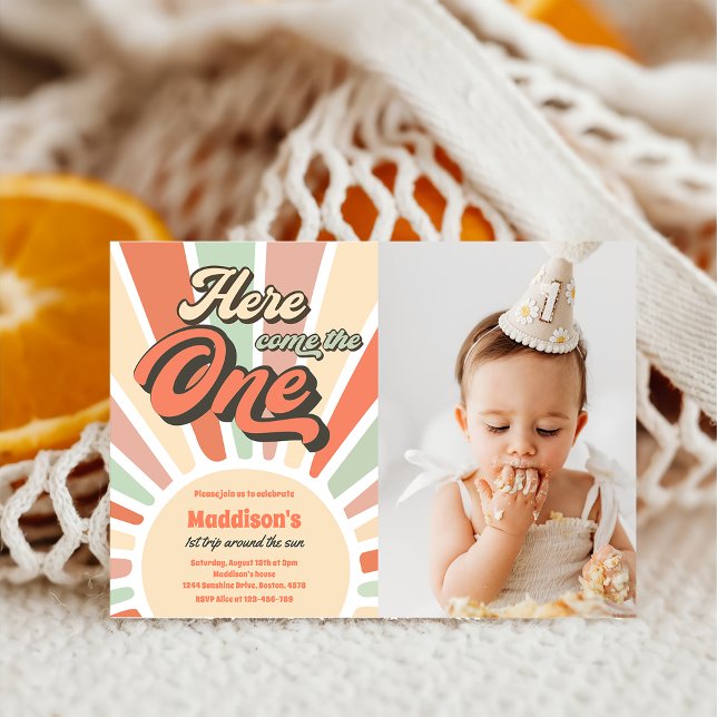 Here Comes The One Sunshine 1st Birthday Photo  Invitation (Creator Uploaded)