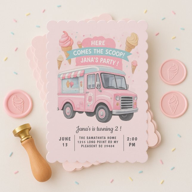 Here Comes the Scoop! Pink Ice Cream Truck  Invitation (Creator Uploaded)