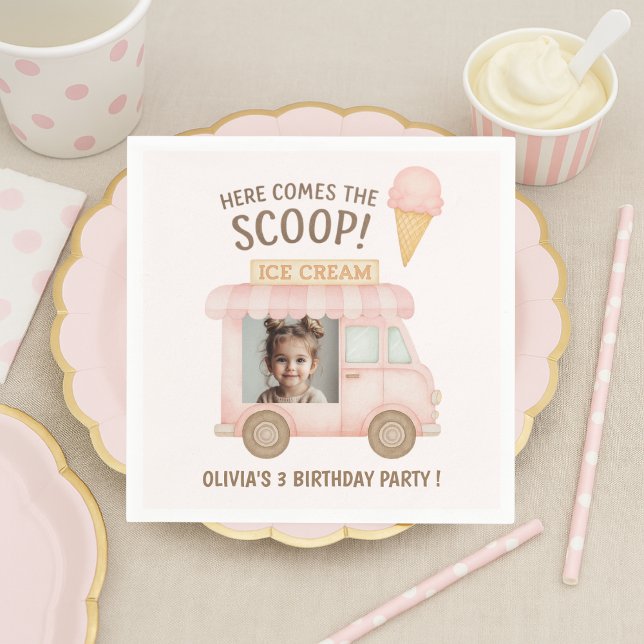 Here Comes the Scoop! | Pink Ice Cream Truck Photo Napkin (Creator Uploaded)