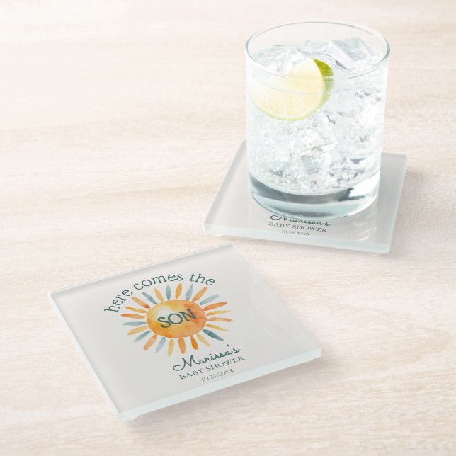 Here Comes the Son Baby Boy Shower Glass Coaster (Angled)