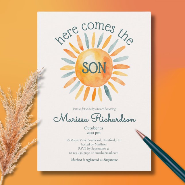 Here Comes the Son Baby Boy Shower Invitation (here comes the son baby boy shower invitation, cute retro watercolor sun ray of sunshine)