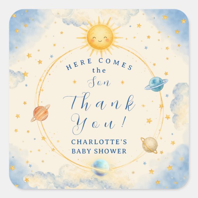 Here Comes the Son Baby Boy Shower Square Sticker (Front)
