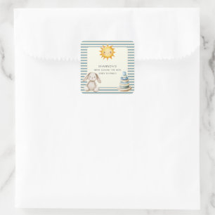 Here Comes the Son Baby Shower Blue Stripe Square Sticker