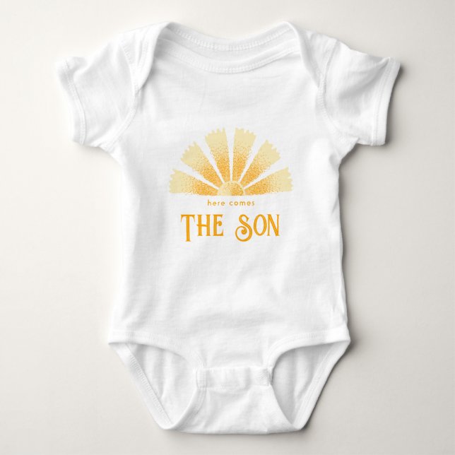 Here comes the son baby shower bodysuit (Front)