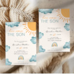 Here Comes The Son Baby Shower Boy Blue Invitation<br><div class="desc">Fun and cute baby shower boy invitation "Here Comes the Son, " featuring watercolor clouds,  sunshine,  and rainbow design.</div>
