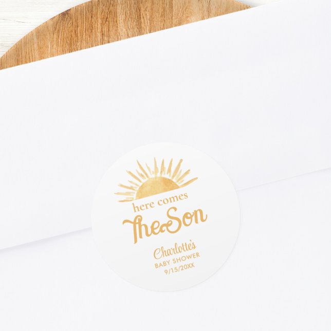 Here Comes The Son Baby Shower Classic Round Sticker (Creator Uploaded)