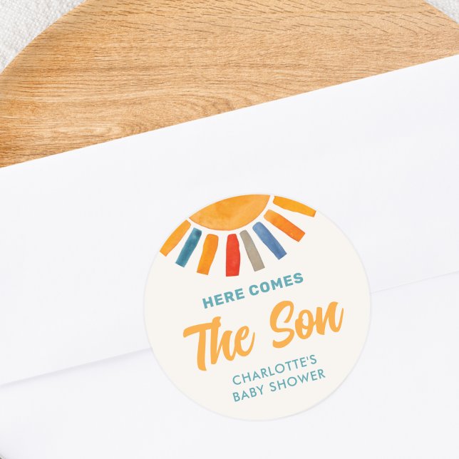 Here Comes The Son Baby Shower Classic Round Sticker (Creator Uploaded)