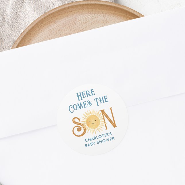 Here Comes The Son Baby Shower Classic Round Sticker (Creator Uploaded)