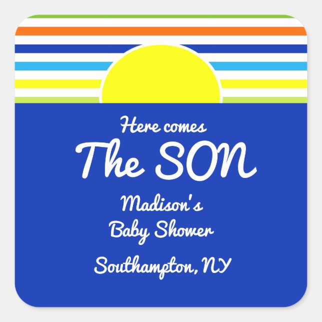 Here Comes The Son Baby Shower Favour Square Stick Sticker (Front)