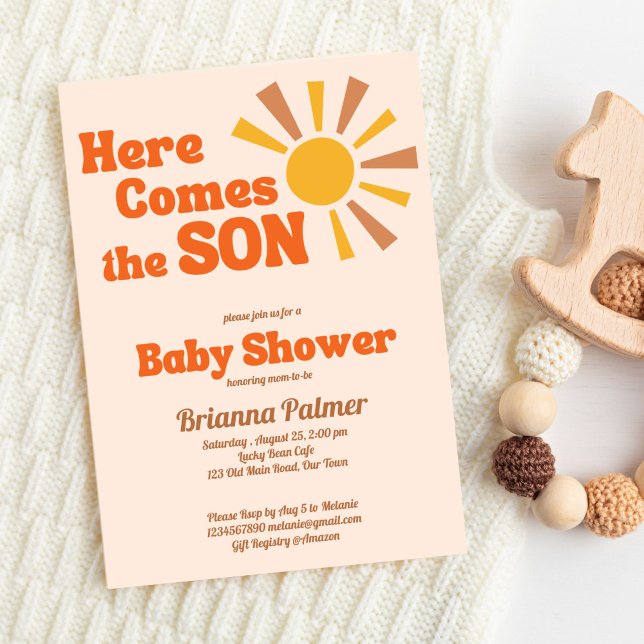 Here comes the son baby shower groovy retro invitation (Here comes the son groovy retro baby shower invitation editable template instant download)