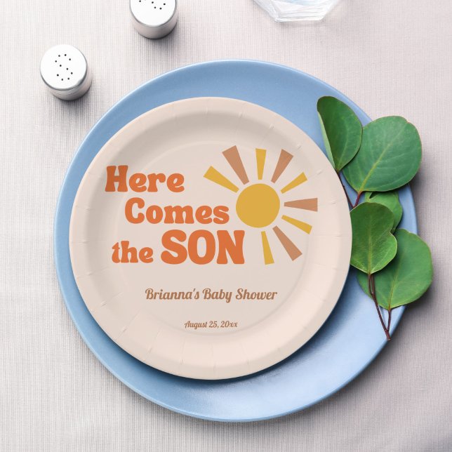 Here comes the son baby shower groovy retro paper plate (Here comes the son groovy retro baby shower printed paper plates personalized table decor)