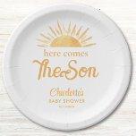 Here Comes The Son Baby Shower Paper Plate<br><div class="desc">Decorate your sun-themed boy's baby shower with these cute paper plates.
They feature the text "Here Comes The Son" in stylish typography with a yellow watercolor sun.
Easily customisable.
Original Watercolor © Michele Davies.</div>