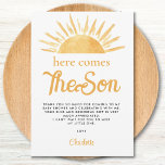 Here Comes The Son Baby Shower Thank You<br><div class="desc">This sun-themed boy's baby shower thank you card features the text "Here Comes The Son" in stylish typography with a yellow watercolor sun. Easily customisable. The back is decorated with a sun pattern. Original Watercolor © Michele Davies.</div>