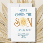 Here Comes The Son Baby Shower Thank You Card<br><div class="desc">This cute boy's baby shower thank you card features the text "Here Comes The Son" in blue retro typography with a smiling yellow watercolor sun. Easily customisable. 
Because we create our artwork you won't find this exact image from other designers. Original Watercolor © Michele Davies.</div>