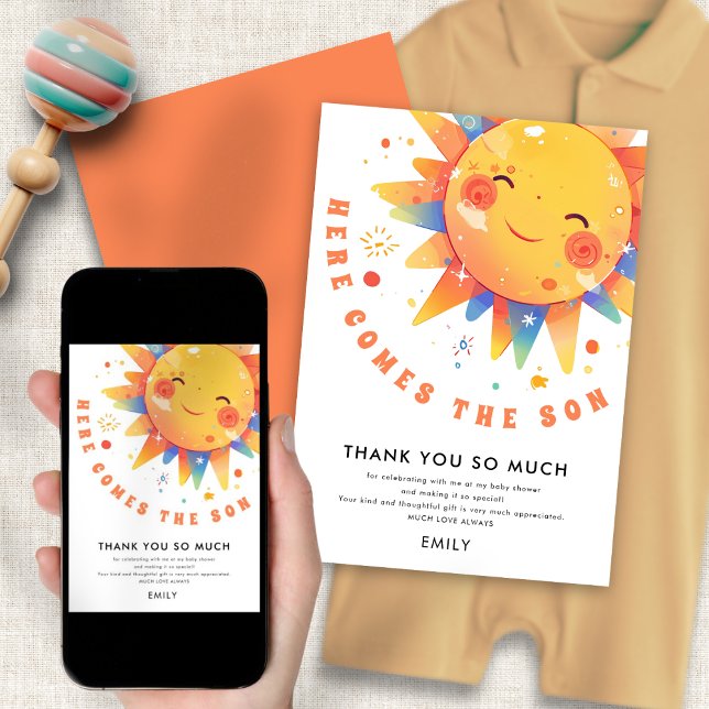 Here Comes The Son Baby Shower Thank You Card (Front and back view. Available digitally and printed)