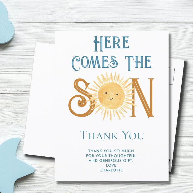 Here Comes The Son Baby Shower Thank You Postcard (Creator Uploaded)