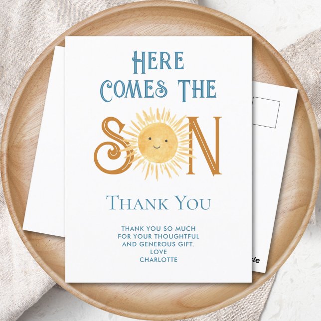 Here Comes The Son Baby Shower Thank You Postcard (Creator Uploaded)