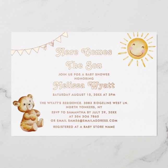 Here Comes The Son Bear Boy Baby Shower Rose Gold (Front)