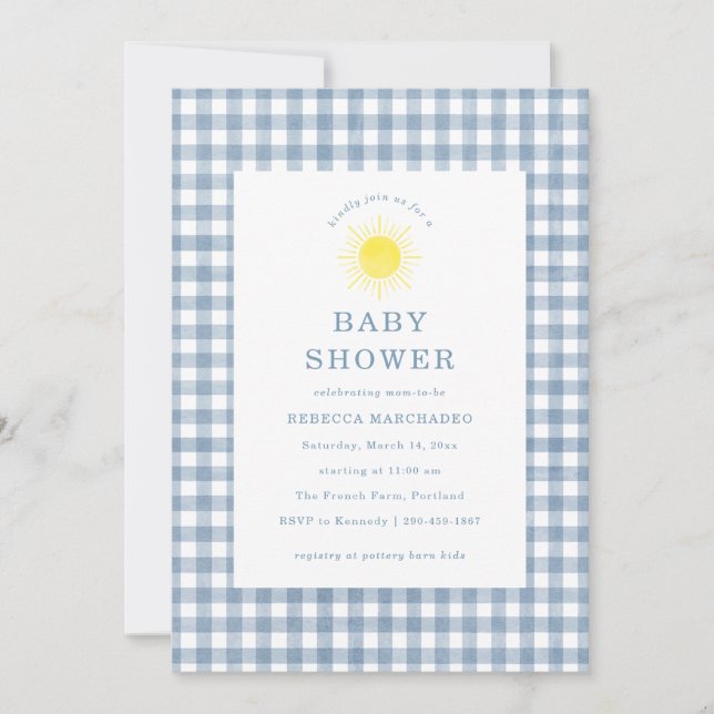 Here Comes The Son Blue Gingham Baby Shower Invitation (Front)