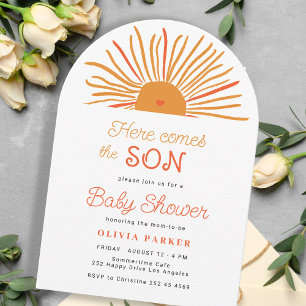 Here comes the son boho arch sun boy baby shower invitation