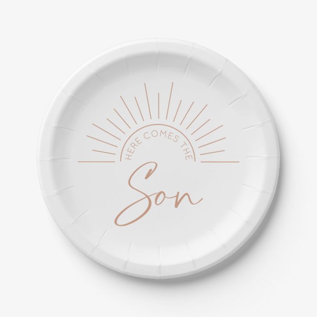 Here Comes the Son Boho Modern Baby Shower Paper Plate (Front)
