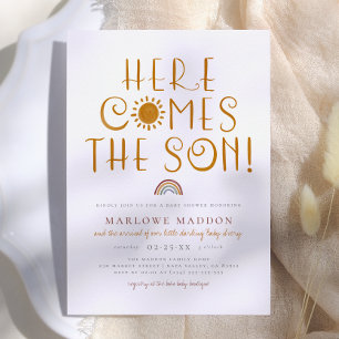 Here Comes The Son Boho Rainbow Boy Baby Shower Invitation