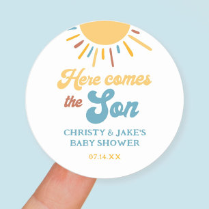 Here Comes The Son Boy Baby Shower Favours Classic Round Sticker