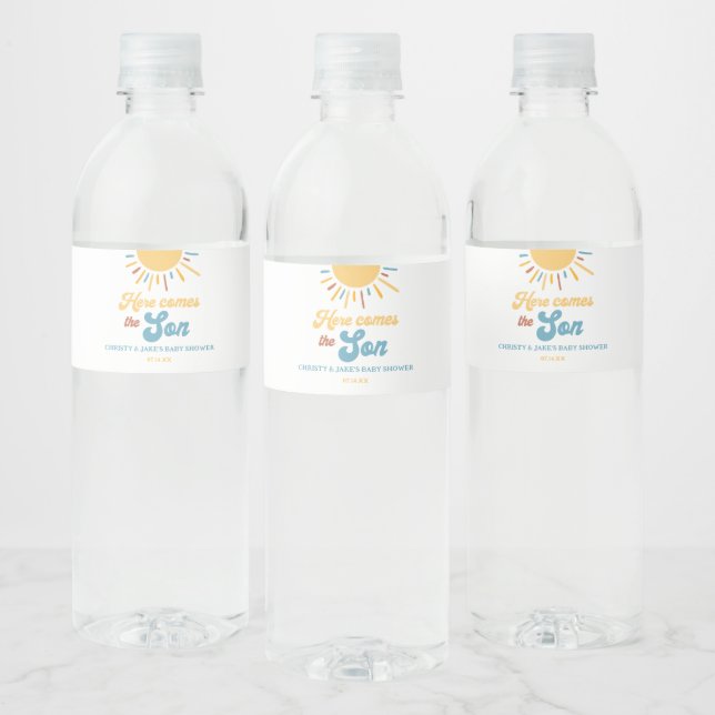 Here Comes The Son Boy Baby Shower Favours Water Bottle Label (Bottles)