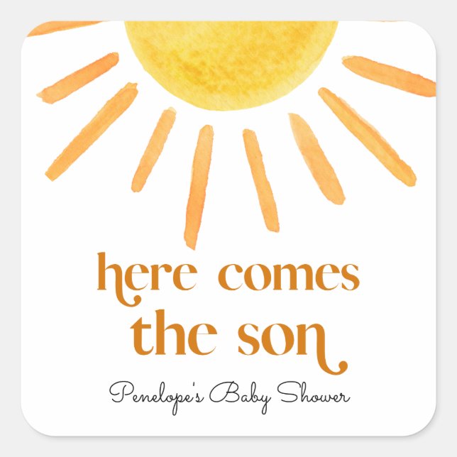 Here Comes the Son Boy Baby Shower Square Sticker (Front)