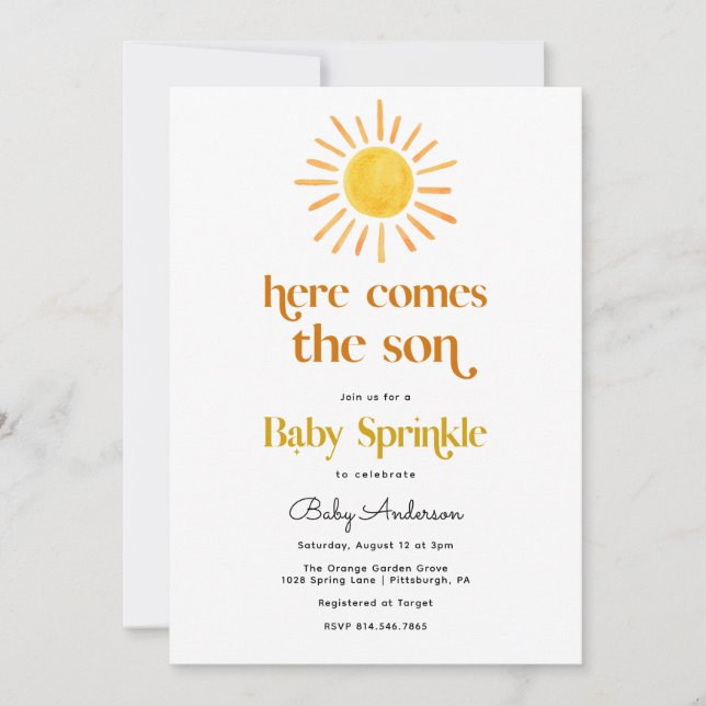 Here Comes the Son Boy Baby Sprinkle Invitation (Front)